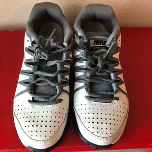 Gray and white Nikes